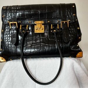 Black Crocodile-Embossed Handbag with Gold Accents